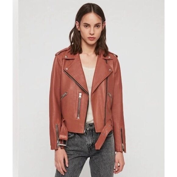 All Saints Balfern Belted Hem Leather Biker Jacket in Rosewood, in size 4 US - Picture 1 of 11